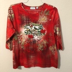 I.B. Diffusion Christmas Top Red Gold Poinsettias Birds Floral Long Sleeve NWT